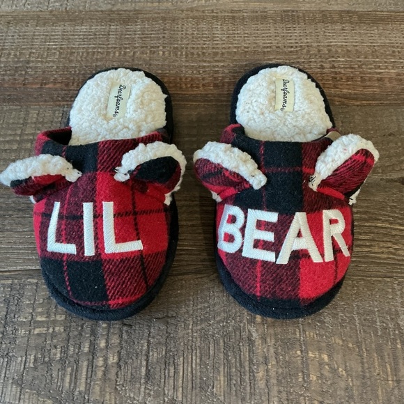 Dearfoams Kids' Lil Bear Red and Black Slippers - Picture 1 of 7